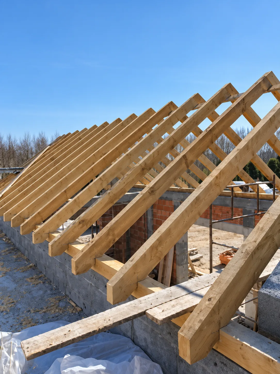 Więźba dachowa budowanego domu jednorodzinnego, realizacja PROGRES